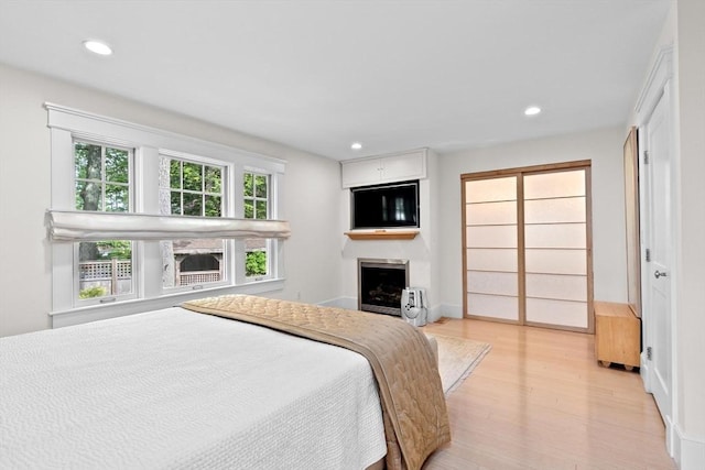26 Saxon Rd, Newton, MA 02461 - bedroom featuring light wood-style floors, recessed lighting, and a fireplace