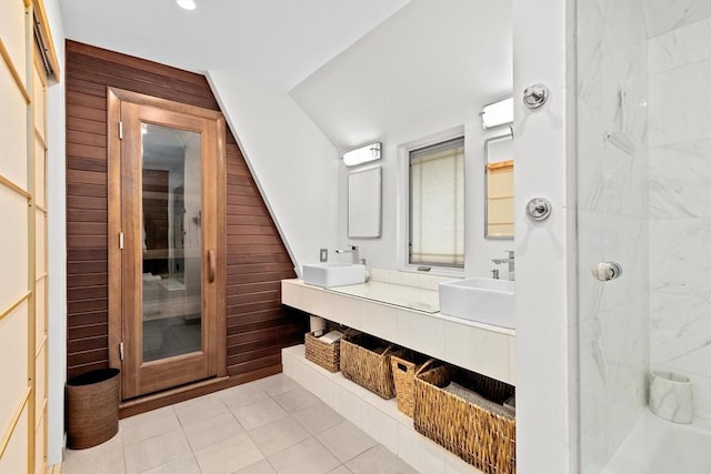 26 Saxon Rd, Newton, MA 02461 - bathroom with wood walls, tile patterned flooring, walk in shower, double vanity, and recessed lighting