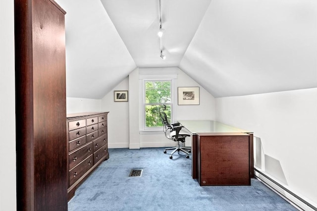 26 Saxon Rd, Newton, MA 02461 - carpeted office space featuring track lighting, a baseboard radiator, lofted ceiling, and baseboards