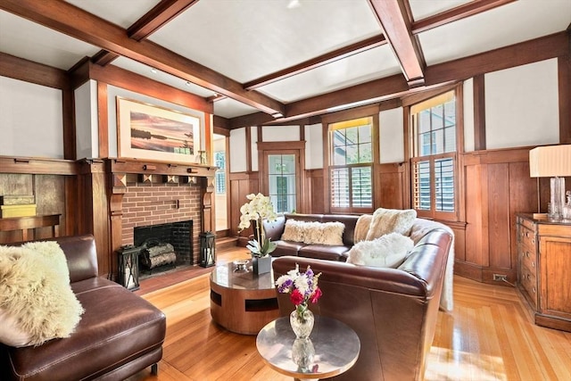 26 Saxon Rd, Newton, MA 02461 - living room with coffered ceiling, beamed ceiling, light wood-type flooring, a decorative wall, and wainscoting