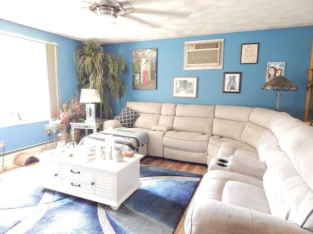 13 Lark St, New Bedford, MA 02745 - living area with a ceiling fan, wood finished floors, and an AC wall unit
