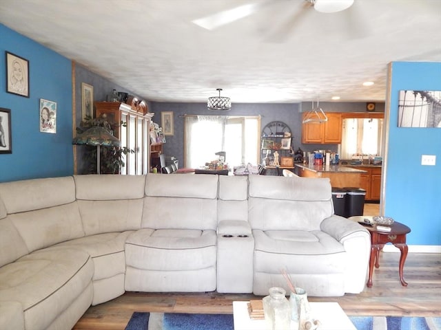 13 Lark St, New Bedford, MA 02745 - living area with light wood finished floors, baseboards, a ceiling fan, and recessed lighting