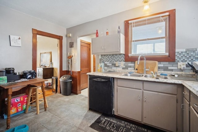 kitchen featuring sink, dishwasher, gray cabinetry, and tasteful backsplash