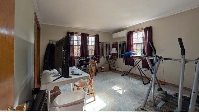 home office featuring a wall mounted air conditioner, baseboard heating, a wealth of natural light, and ornamental molding