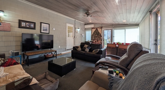 living room featuring crown molding, vaulted ceiling, ceiling fan, wood ceiling, and a wall unit AC