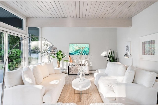 228 Atlantic Ave, Swampscott, MA 01907 - living room featuring baseboard heating, wooden ceiling with exposed beams, and wood finished floors