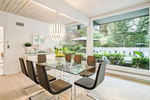 228 Atlantic Ave, Swampscott, MA 01907 - dining space featuring a chandelier, beamed ceiling, a baseboard heating unit, and baseboards
