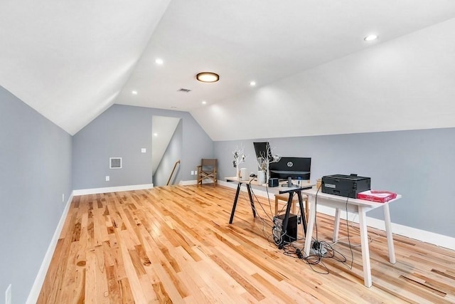 73 Depot Rd, Leverett, MA 01054 - office space featuring baseboards, vaulted ceiling, wood finished floors, and visible vents