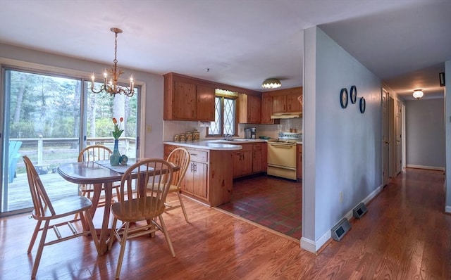 kitchen with range, light countertops, under cabinet range hood, light wood-style flooring, and a sink