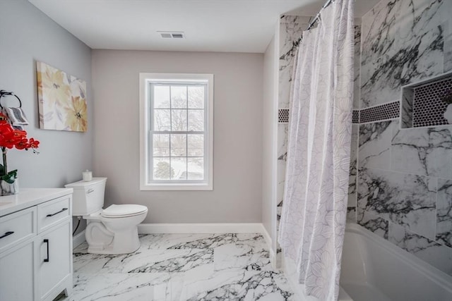 full bathroom with marble finish floor, visible vents, shower / bathtub combination with curtain, vanity, and baseboards