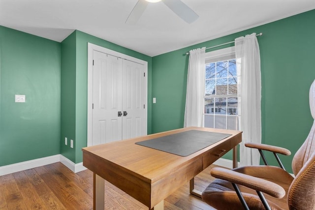 office space with wood-type flooring and ceiling fan