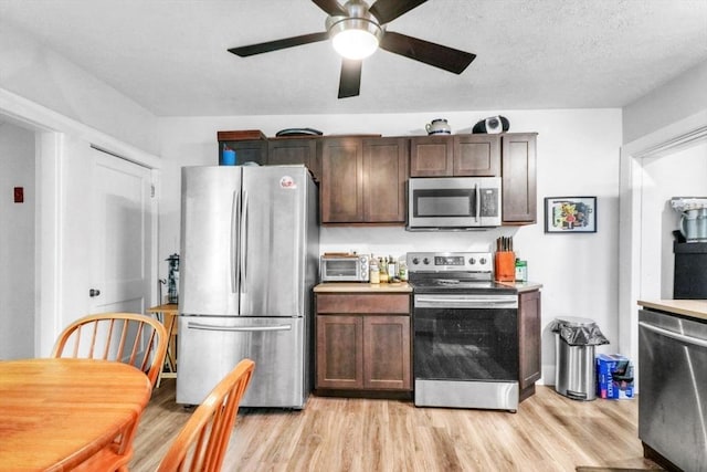 kitchen featuring dark brown cabinetry, ceiling fan, a textured ceiling, appliances with stainless steel finishes, and light wood-type flooring