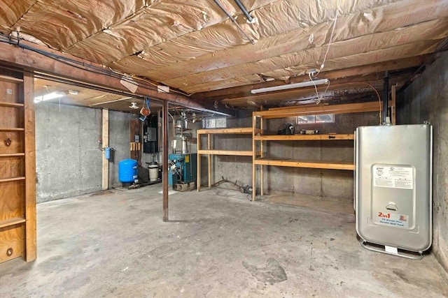 unfinished basement featuring a heating unit and water heater