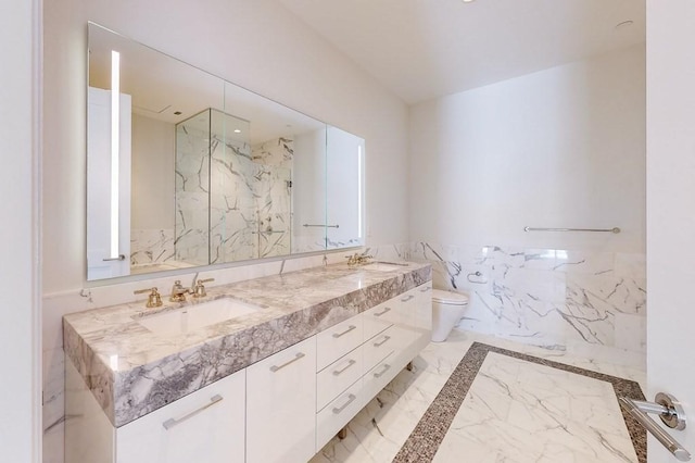 bathroom with vanity, toilet, and a shower