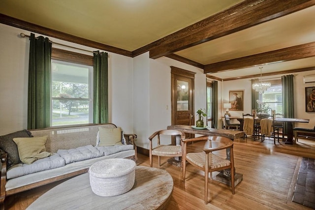 104 Longmeadow St, Longmeadow, MA 01106 - living room with a chandelier, beamed ceiling, plenty of natural light, wood finished floors, and ornamental molding