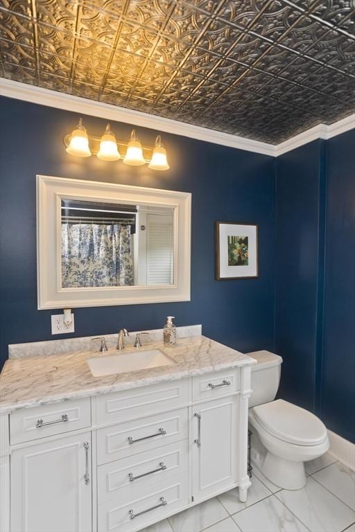 104 Longmeadow St, Longmeadow, MA 01106 - full bath with an ornate ceiling, vanity, crown molding, marble finish floors, and a shower with curtain