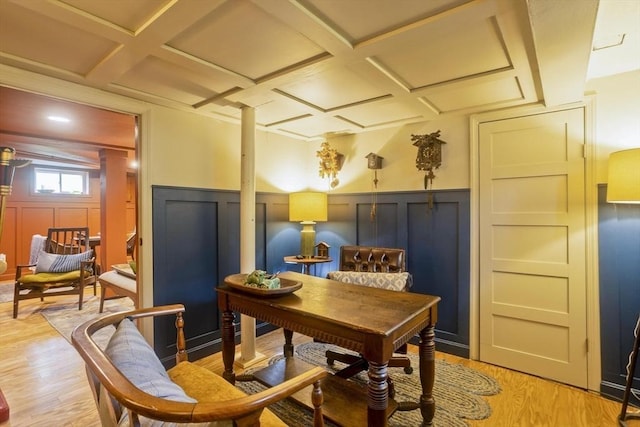 104 Longmeadow St, Longmeadow, MA 01106 - sitting room featuring coffered ceiling, light wood-style floors, a decorative wall, and a wainscoted wall