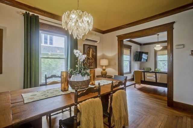104 Longmeadow St, Longmeadow, MA 01106 - dining room featuring ornamental molding, an AC wall unit, plenty of natural light, and a chandelier
