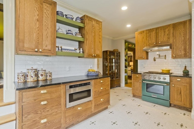 104 Longmeadow St, Longmeadow, MA 01106 - kitchen featuring stainless steel stove, open shelves, backsplash, dark countertops, and crown molding