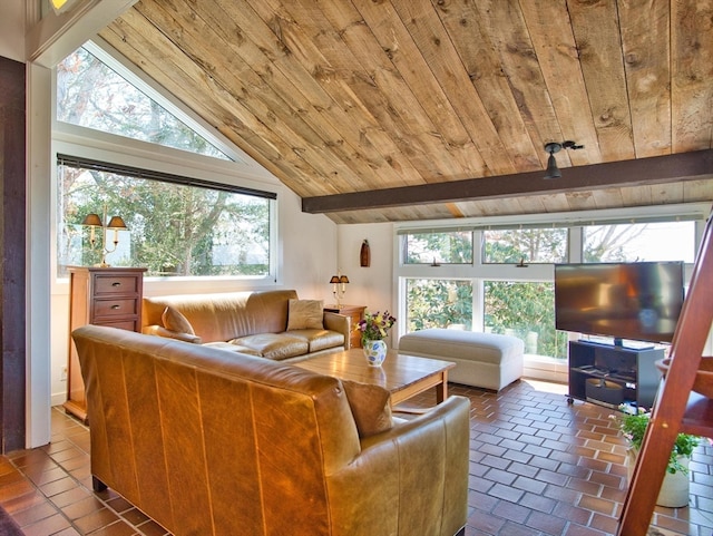 living room featuring tile flooring, lofted ceiling with beams, and wood ceiling