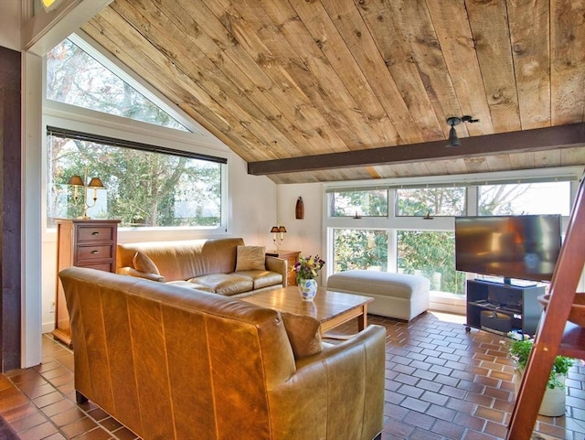 living room featuring wooden ceiling and healthy amount of natural light