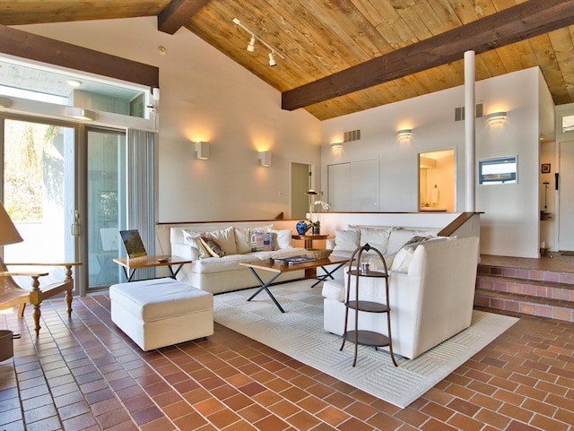 tiled living room with high vaulted ceiling, wooden ceiling, beam ceiling, and track lighting