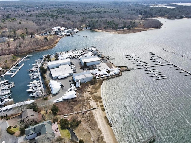 aerial view of property's location with a large body of water and a marina