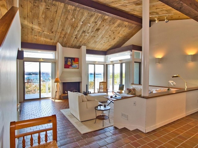 living area featuring baseboards, wood ceiling, and a fireplace with raised hearth