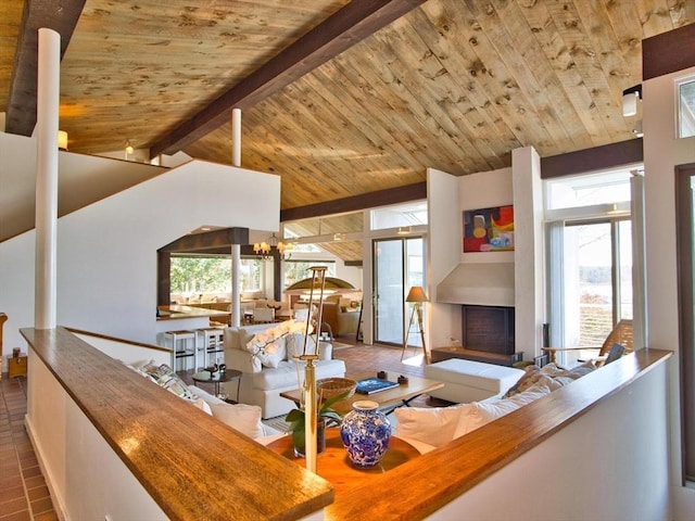 living room featuring wooden ceiling, a chandelier, and a fireplace with raised hearth