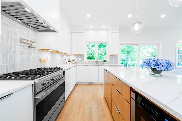 kitchen featuring premium range hood, tasteful backsplash, high end stove, white cabinets, and light hardwood / wood-style floors