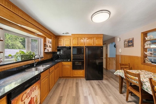 34 Robert Bigelow St, Chelmsford, MA 01824 - kitchen featuring black appliances, a sink, open shelves, a wainscoted wall, and wood walls