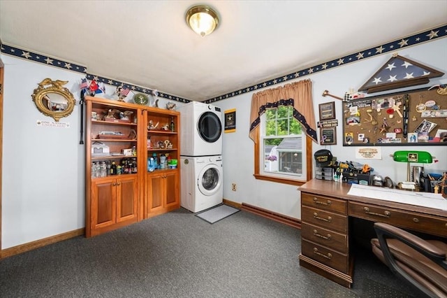 34 Robert Bigelow St, Chelmsford, MA 01824 - laundry area featuring stacked washer and clothes dryer, carpet floors, baseboards, and an office area