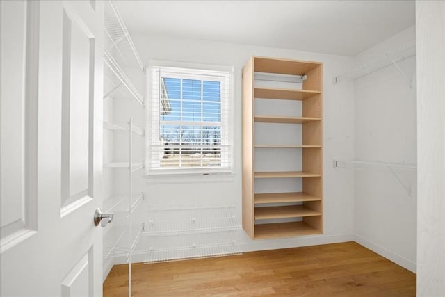 walk in closet with wood finished floors