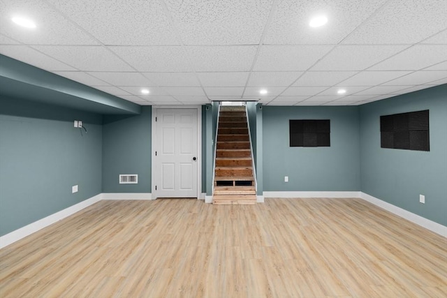 42 Deer Hollow Rd, Sandwich, MA 02644 - finished basement with stairs, light wood-type flooring, recessed lighting, and a paneled ceiling