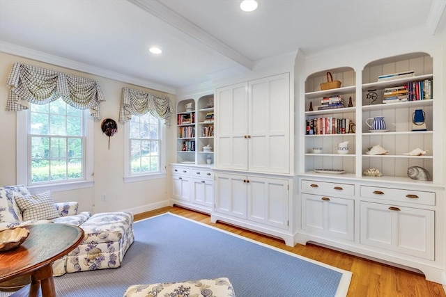 86 Champlain, Chatham, MA 02633 - sitting room with ornamental molding, light wood-style flooring, recessed lighting, and beam ceiling