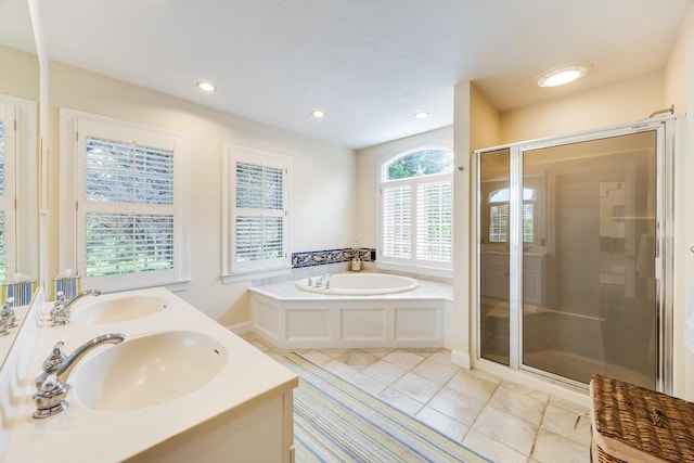 86 Champlain, Chatham, MA 02633 - bathroom featuring a bath, a stall shower, tile patterned flooring, double vanity, and recessed lighting