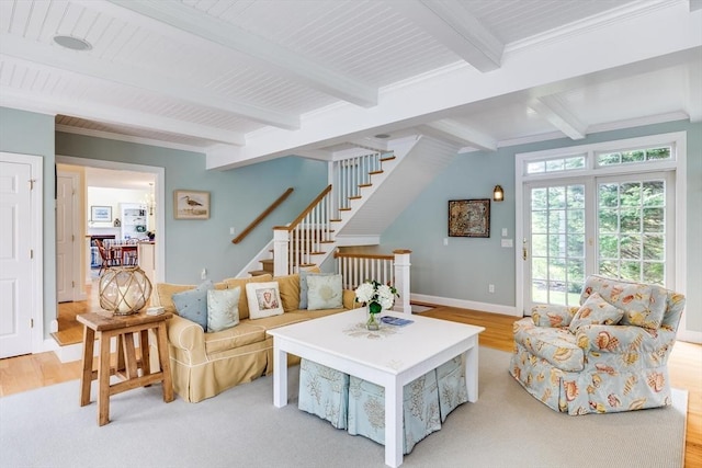 86 Champlain, Chatham, MA 02633 - living area featuring beam ceiling, stairs, and light wood finished floors