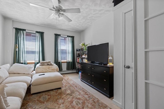 25 Sheafe St, Boston, MA 02113 - living area with a textured ceiling, light tile patterned floors, a ceiling fan, and a baseboard heating unit