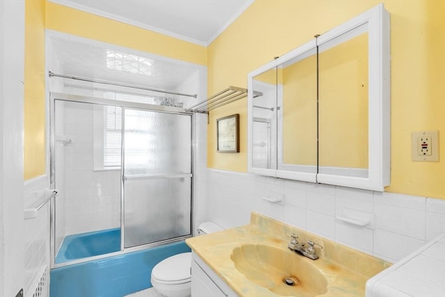 17 Matchett St, Boston, MA 02135 - bathroom with vanity, toilet, combined bath / shower with glass door, tile walls, and crown molding