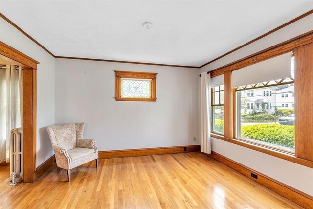 17 Matchett St, Boston, MA 02135 - unfurnished room featuring light wood finished floors, baseboards, ornamental molding, and radiator heating unit