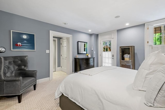 bedroom with light carpet, baseboards, and recessed lighting