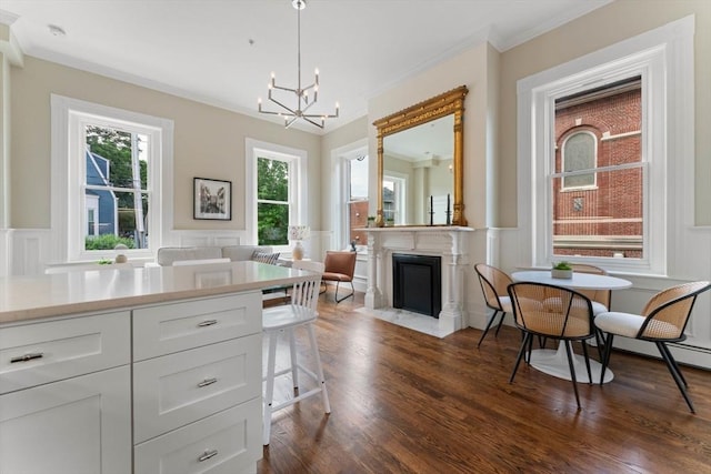 kitchen with dark hardwood / wood-style floors, white cabinetry, hanging light fixtures, and ornamental molding