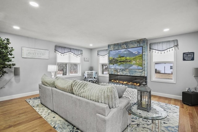 living room featuring a fireplace, baseboards, and wood finished floors