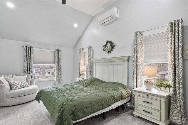 bedroom with recessed lighting, an AC wall unit, carpet, and vaulted ceiling