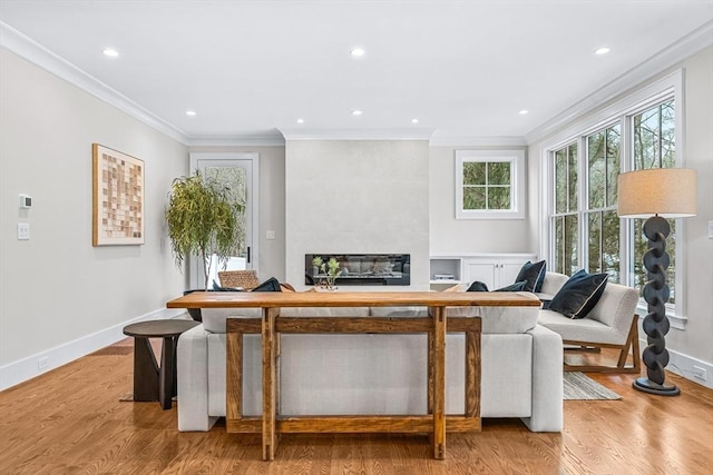 living room with a large fireplace, ornamental molding, wood finished floors, and baseboards