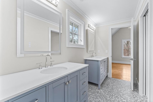 bathroom featuring ornamental molding, two vanities, and a sink