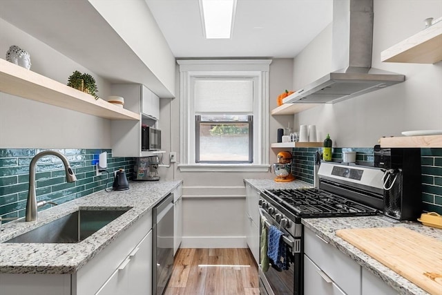1992 Commonwealth Ave Unit B, Boston, MA 02135 - kitchen featuring appliances with stainless steel finishes, open shelves, island range hood, a sink, and light wood-type flooring