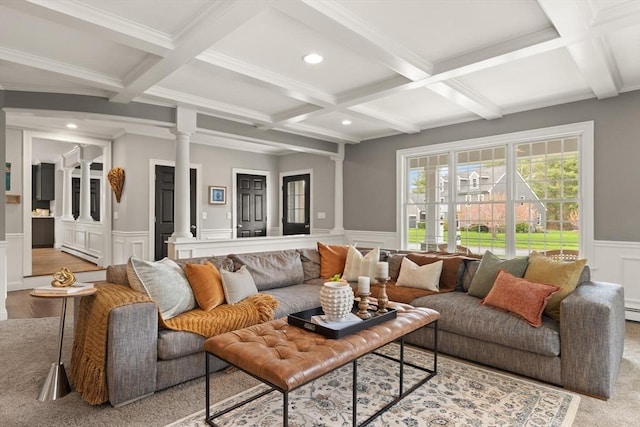 65 Stonegate Dr, East Bridgewater, MA 02333 - living area with wainscoting, decorative columns, a baseboard radiator, and coffered ceiling