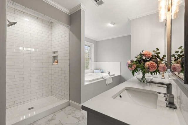 65 Stonegate Dr, East Bridgewater, MA 02333 - bathroom featuring visible vents, ornamental molding, and a shower stall