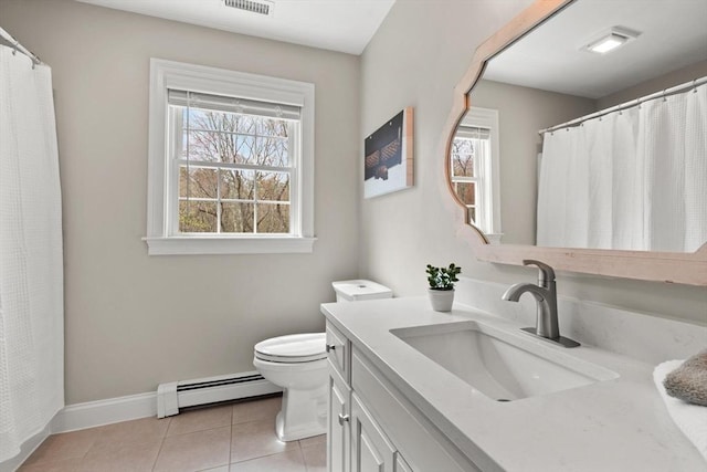 65 Stonegate Dr, East Bridgewater, MA 02333 - bathroom featuring tile patterned flooring, baseboards, a baseboard radiator, vanity, and toilet